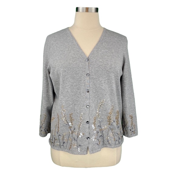AK Anne Klein Gray Floral Sequin Embroidered Knit Cardigan